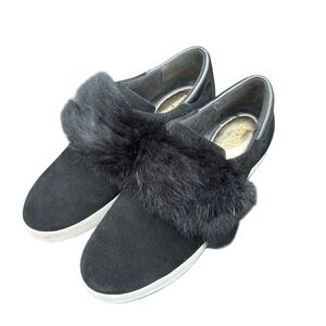 Michael Kors Black Suede Rabbit Fur Trim Slip On Sneakers Gold Logo Women 10M 41